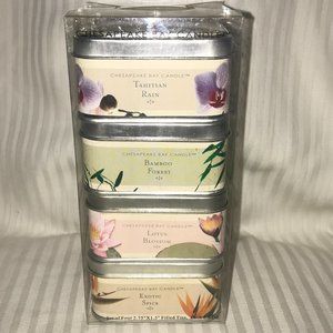 NEW IN BOX! CHESAPEAKE BAY CANDLE SET OF 4 HIGHLY SCENTED CANDLES IN TINS.